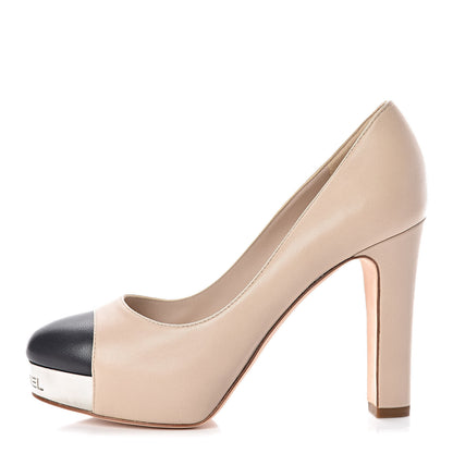 Chanel Lambskin Cap Toe CC Platform Pumps 36.5 Beige Black 1 of 9