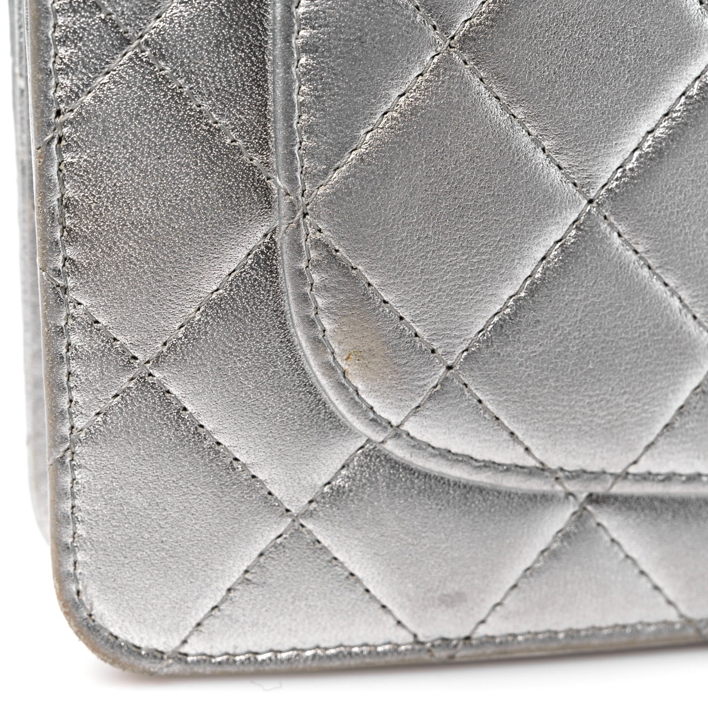 Metallic Lambskin Quilted Wallet On Chain WOC Silver