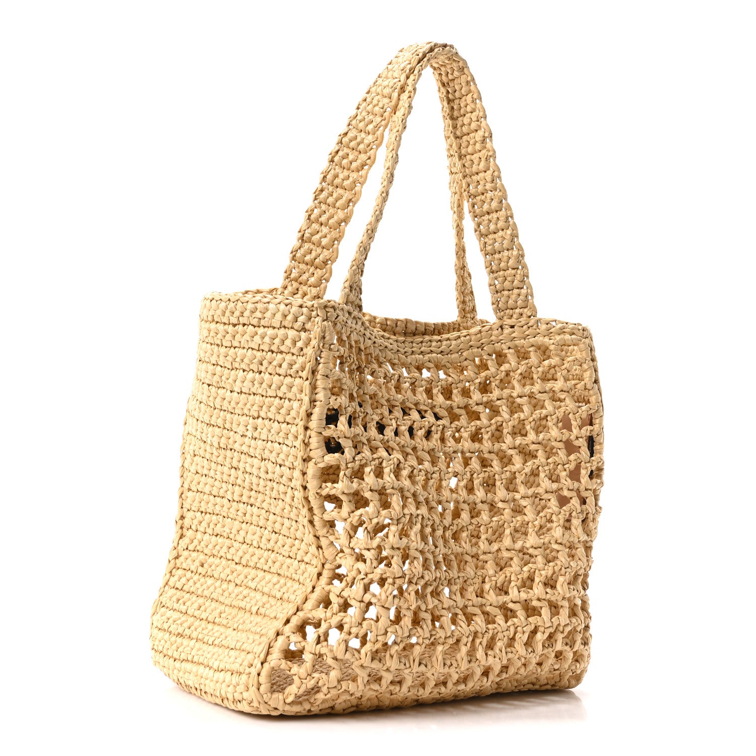 Prada Yarn Raffia Effect Crochet Logo Embroidered Small Tote Bag Naturale 3 of 9