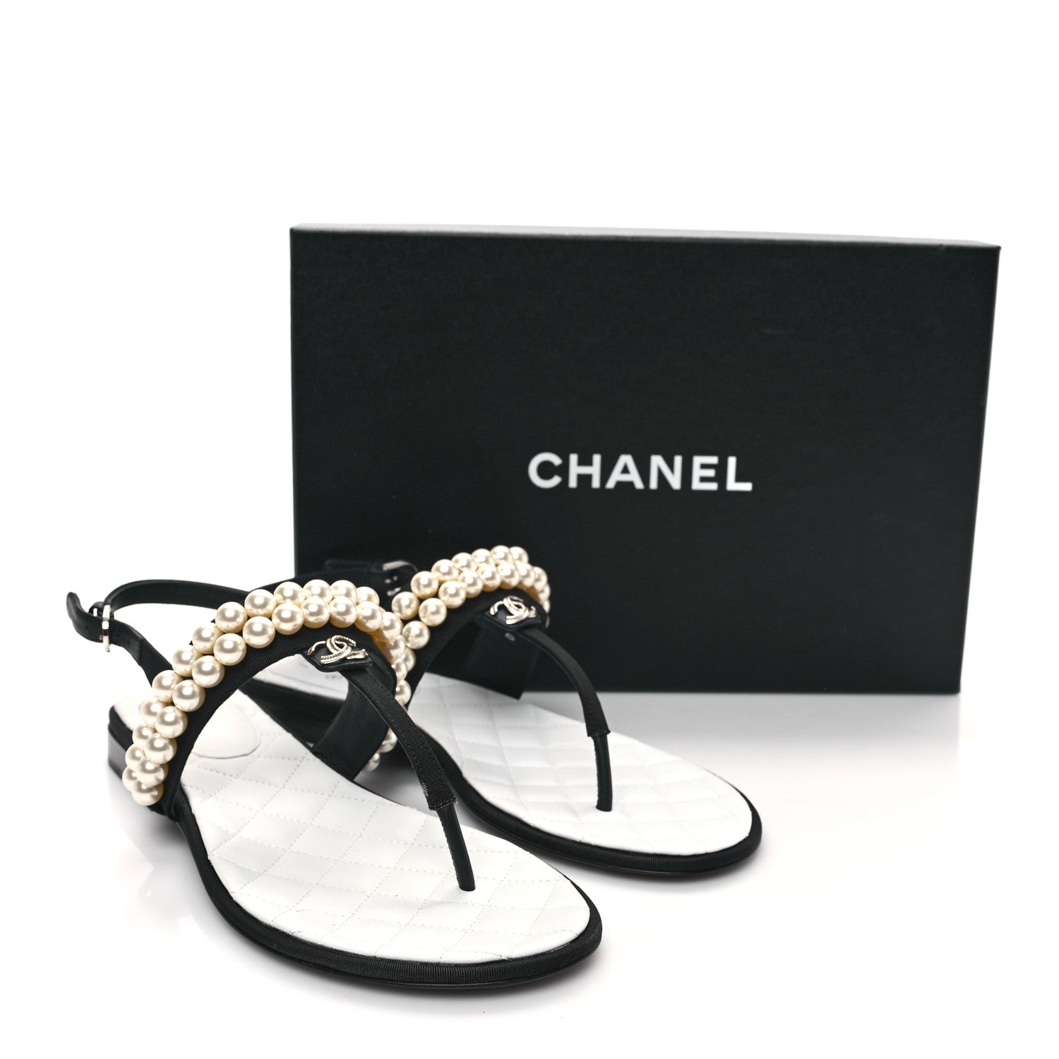 Chanel Grosgrain Pearl CC Sandals 38.5 Black 9 of 10
