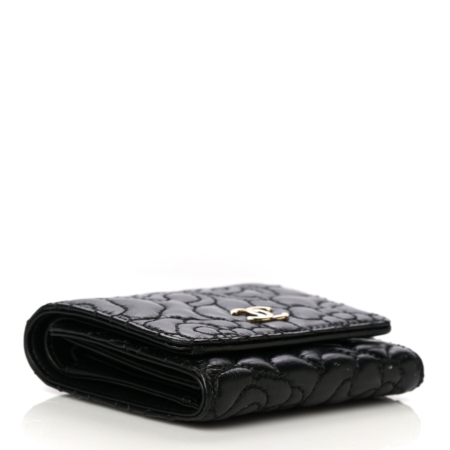 Lambskin Camellia Embossed Small Wallet Black