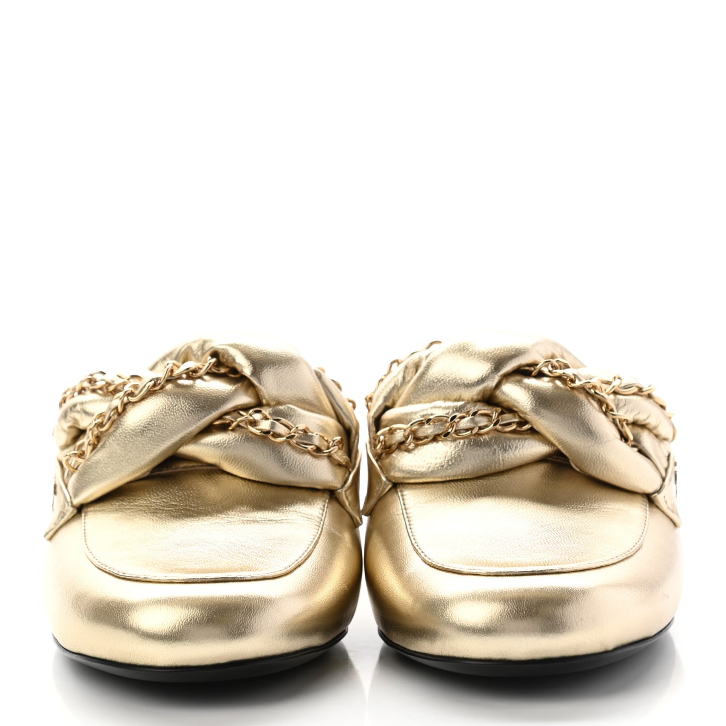 Metallic Lambskin Chain Braided Mules 40.5 Light Gold