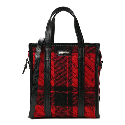 Balenciaga Wool Cuir Arena Plaid Diagonal Allover Logo Matelasse XS Bazar Shopper Tote Red Black 1 of 12