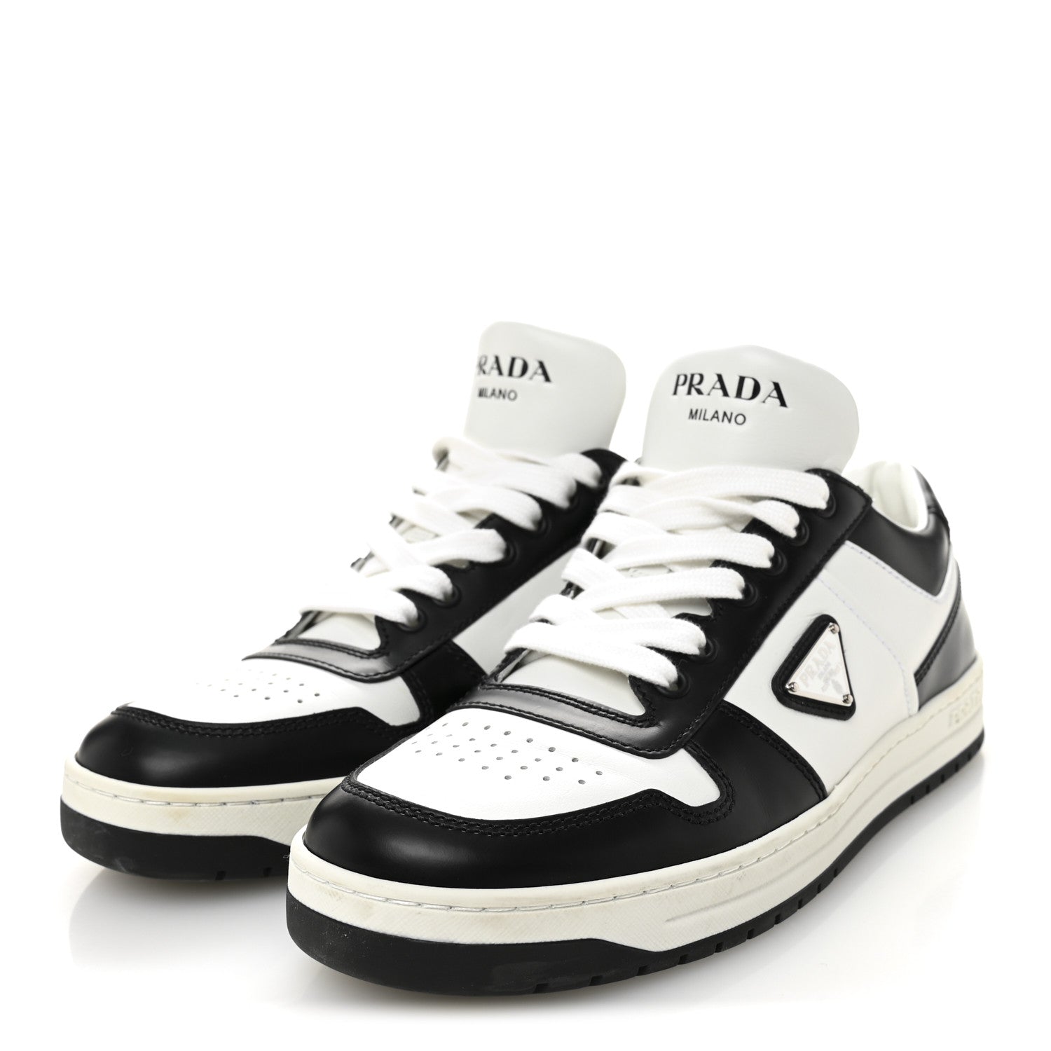 Prada Vitello Sport Spazzolato Rois Triangle Logo Womens Downtown Low Top 30mm Sneakers 39.5 White Black 3 of 10