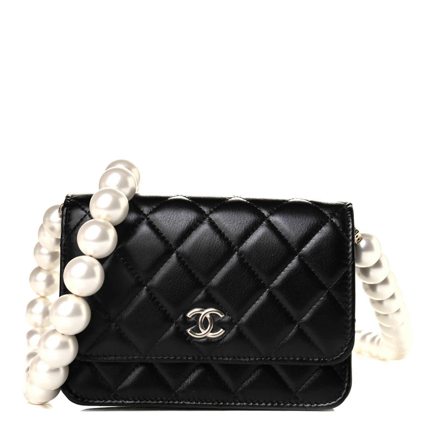 Calfskin Quilted Mini Maxi Pearls Wallet On Chain WOC Black