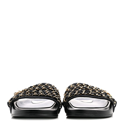 Chanel Satin Canvas Chain Slides Sandals Flats 39 Marine 3 of 10