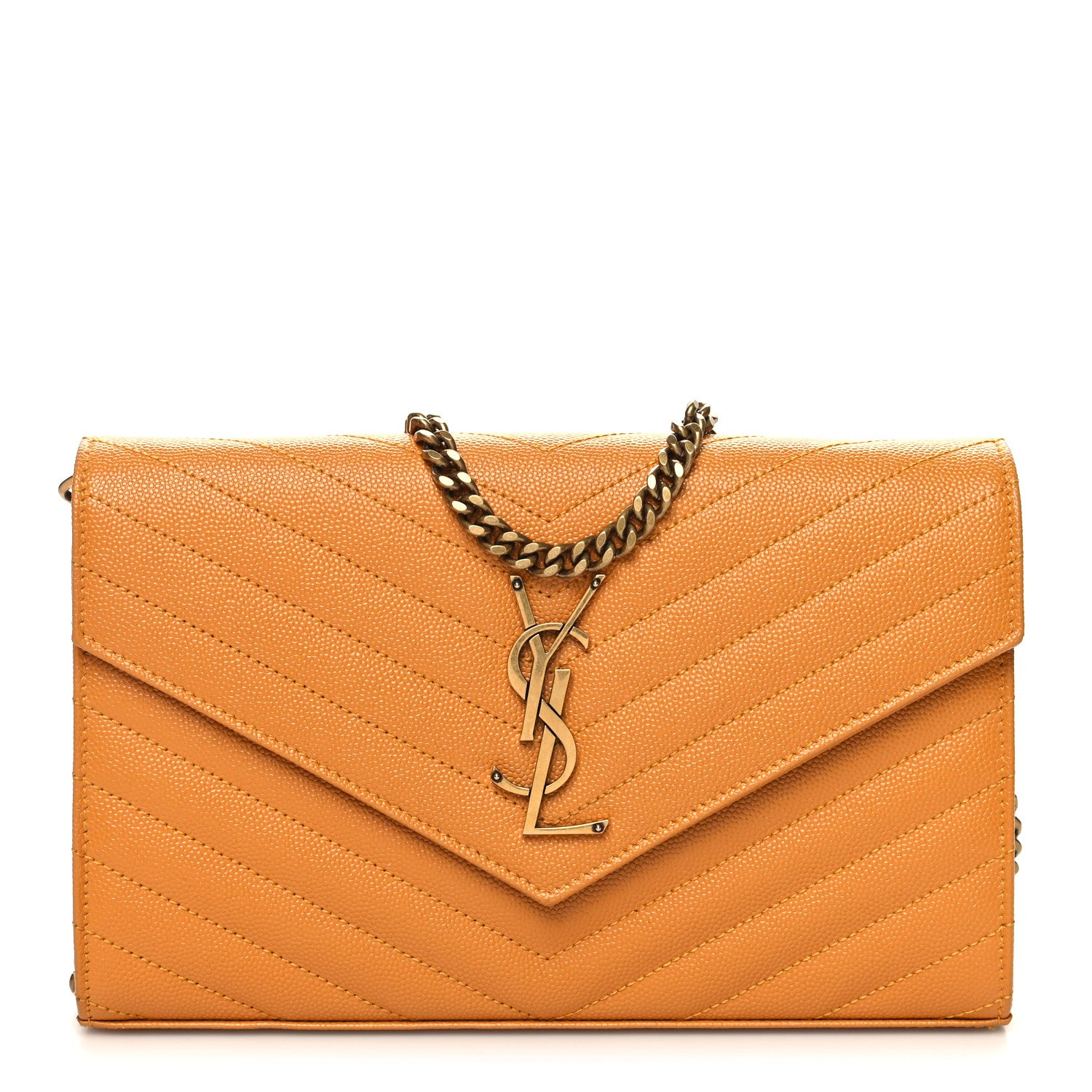Saint Laurent Grain De Poudre Matelasse Chevron Monogram Chain Wallet Mustard 1 of 11