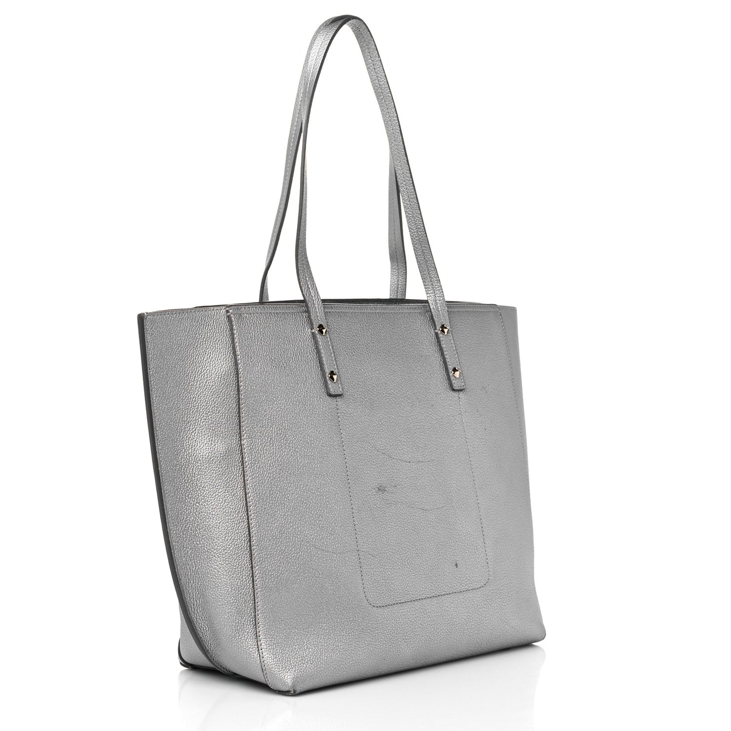 Metallic Grained Calfskin Medium Top Zip Tote Spike Silver