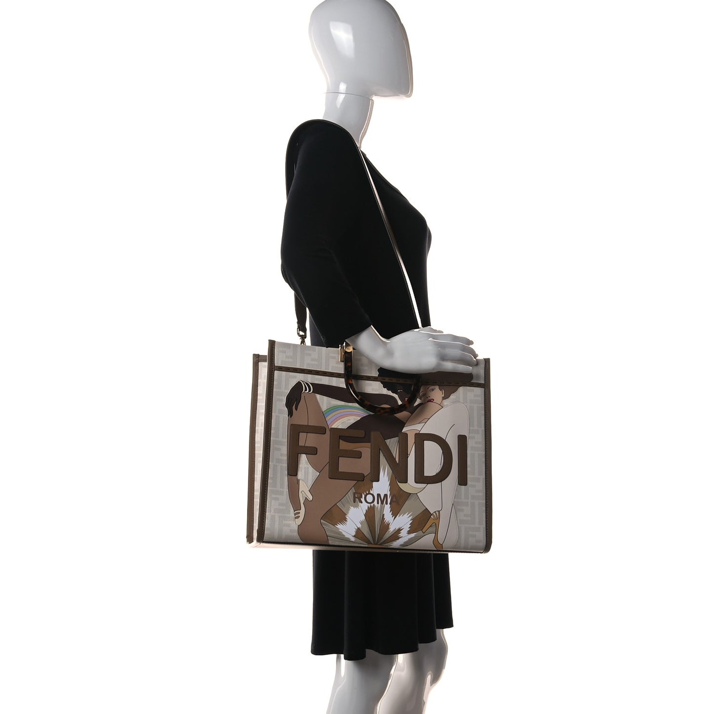Glazed Fabric Plexiglass FF Logo Bikini Girls Medium Fendi Sunshine Shopper Tote Bianco Perla Multicolor Miele Scuro