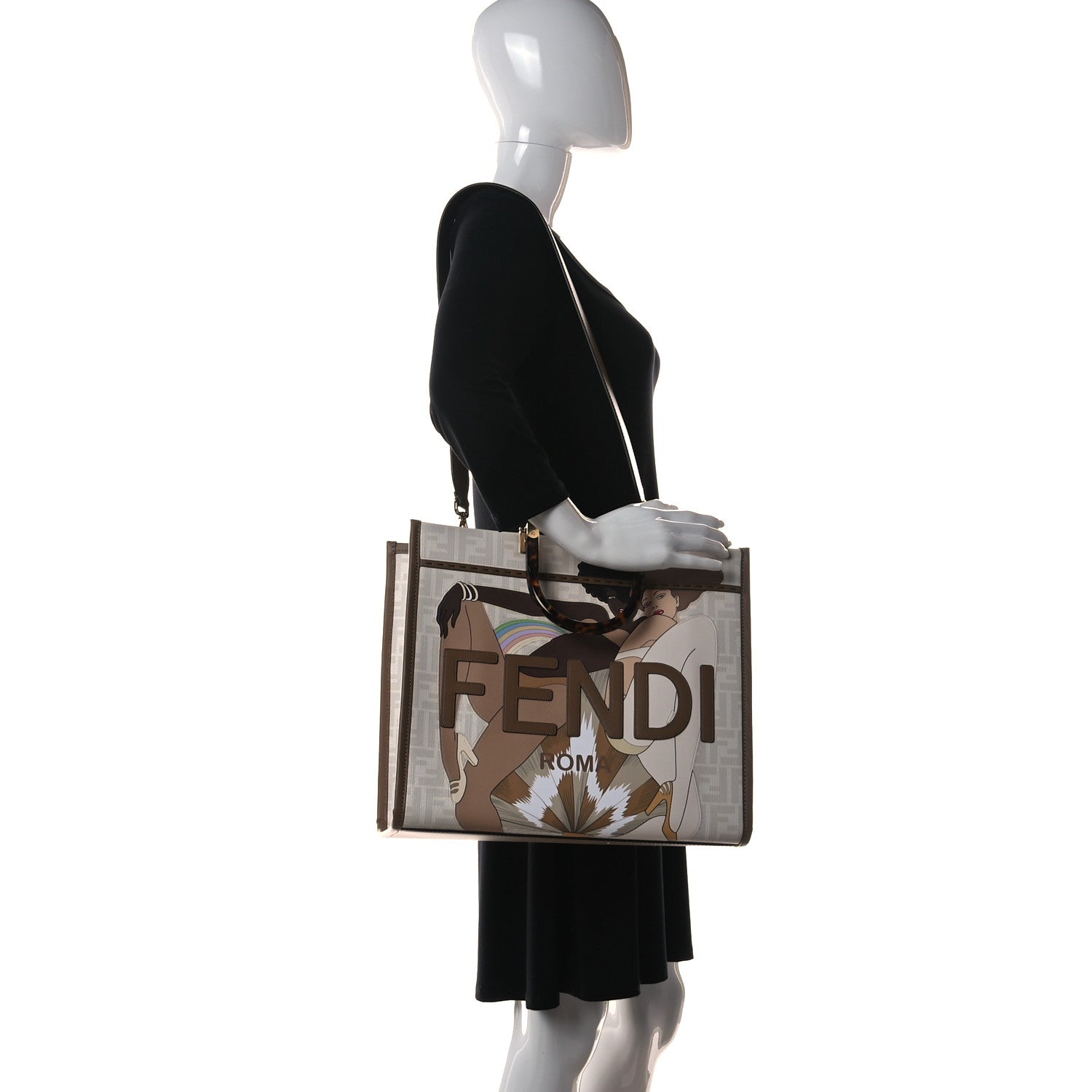 Fendi Glazed Fabric Plexiglass FF Logo Bikini Girls Medium Fendi Sunshine Shopper Tote Bianco Perla Multicolor Miele Scuro 2 of 10