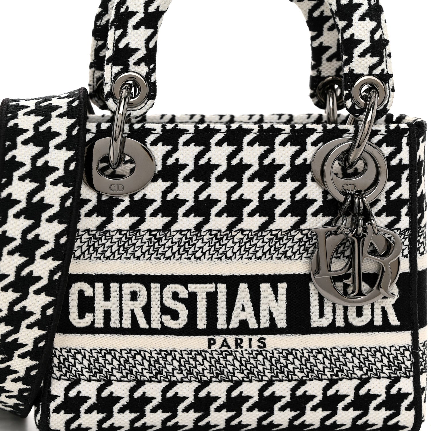 Christian Dior Canvas Houndstooth Embroidered Mini Lady D-Lite Black White 7 of 9