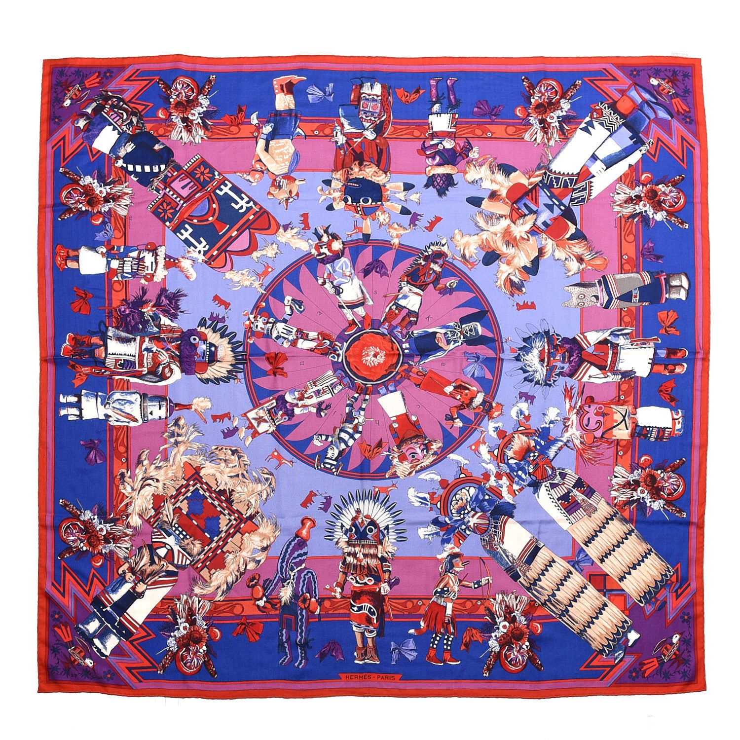 Hermes Cashmere Silk Kachinas Shawl 140 Rouge Bleu Parme 1 of 5