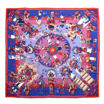 Hermes Cashmere Silk Kachinas Shawl 140 Rouge Bleu Parme 1 of 5