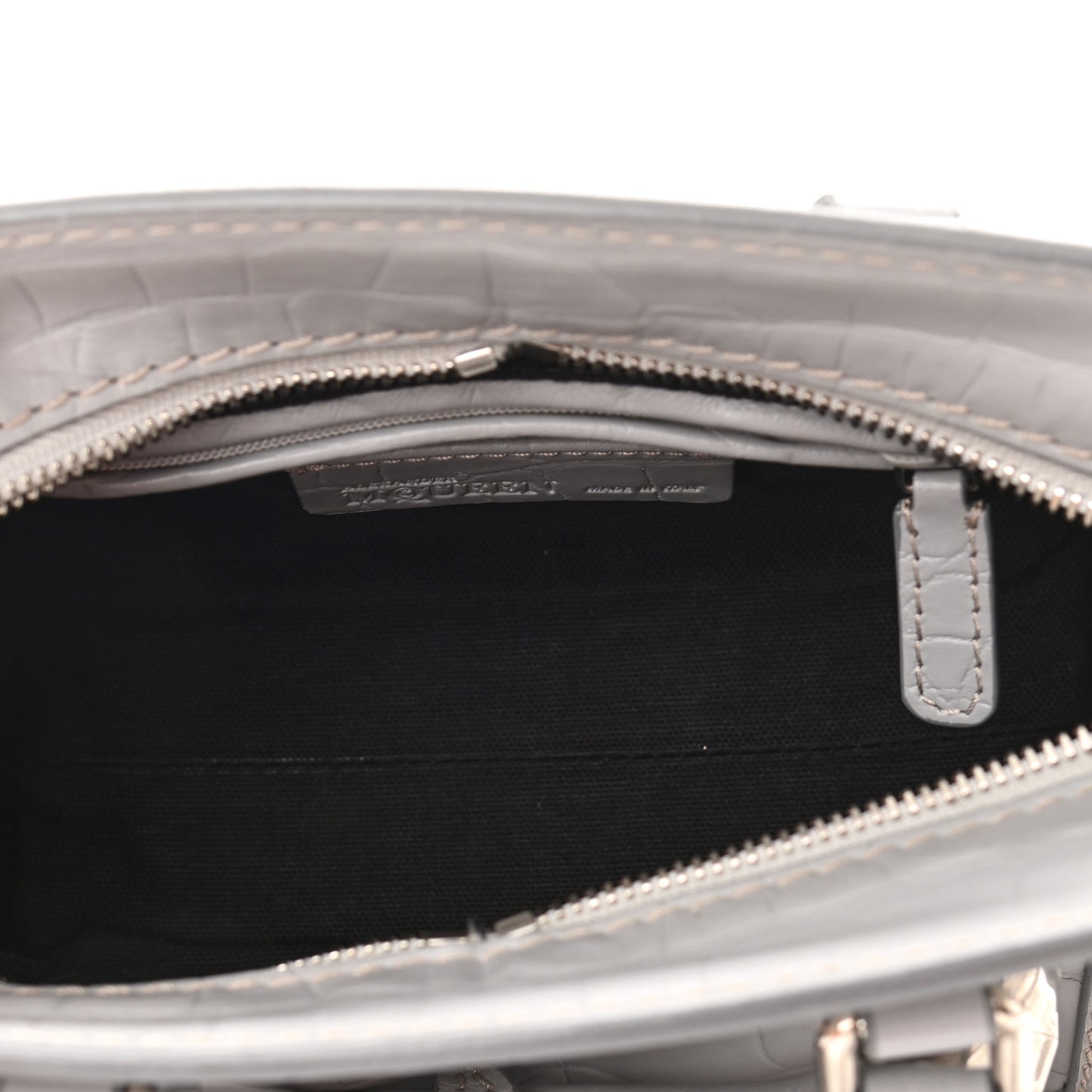 Calfskin Crocodile Embossed Mini Skull Padlock Zip Around Tote Grey