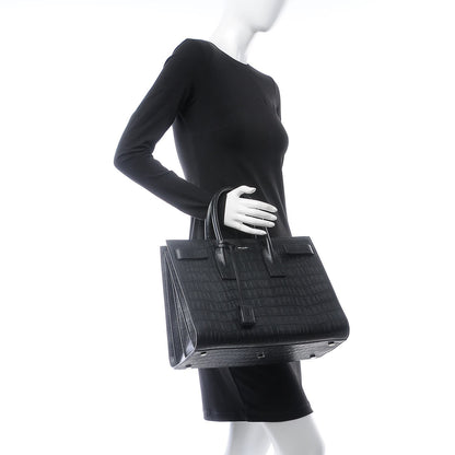 Saint Laurent Calfskin Crocodile Embossed Large Sac De Jour Carryall Black 2 of 10