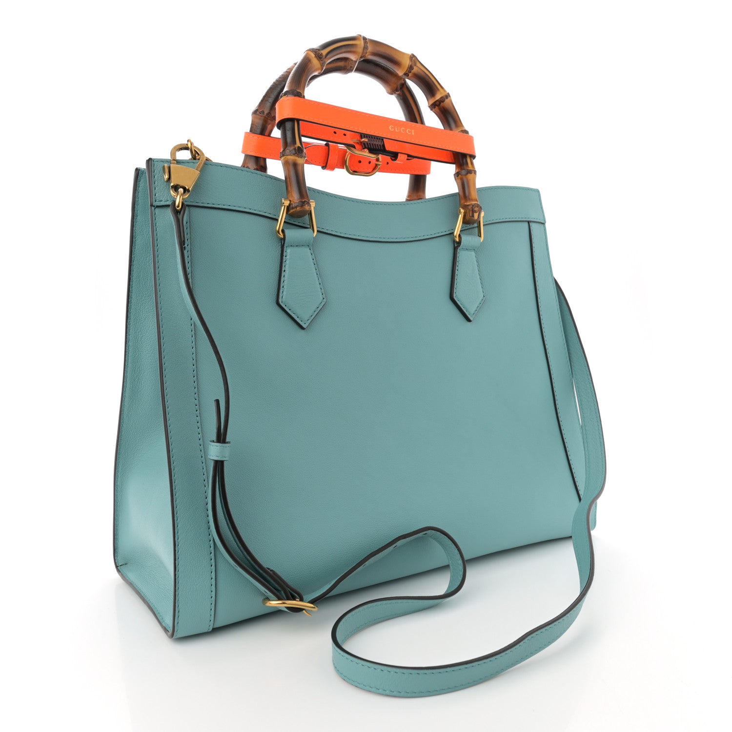 Gucci Wonka Grain Calfskin Medium Diana Tote Bag Dusty Azure Orange Fluo 3 of 13