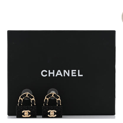 Chanel Metal Resin Lambskin Quilted CC Turnlock Chain Flap Bag Earrings Black Gold 5 of 5