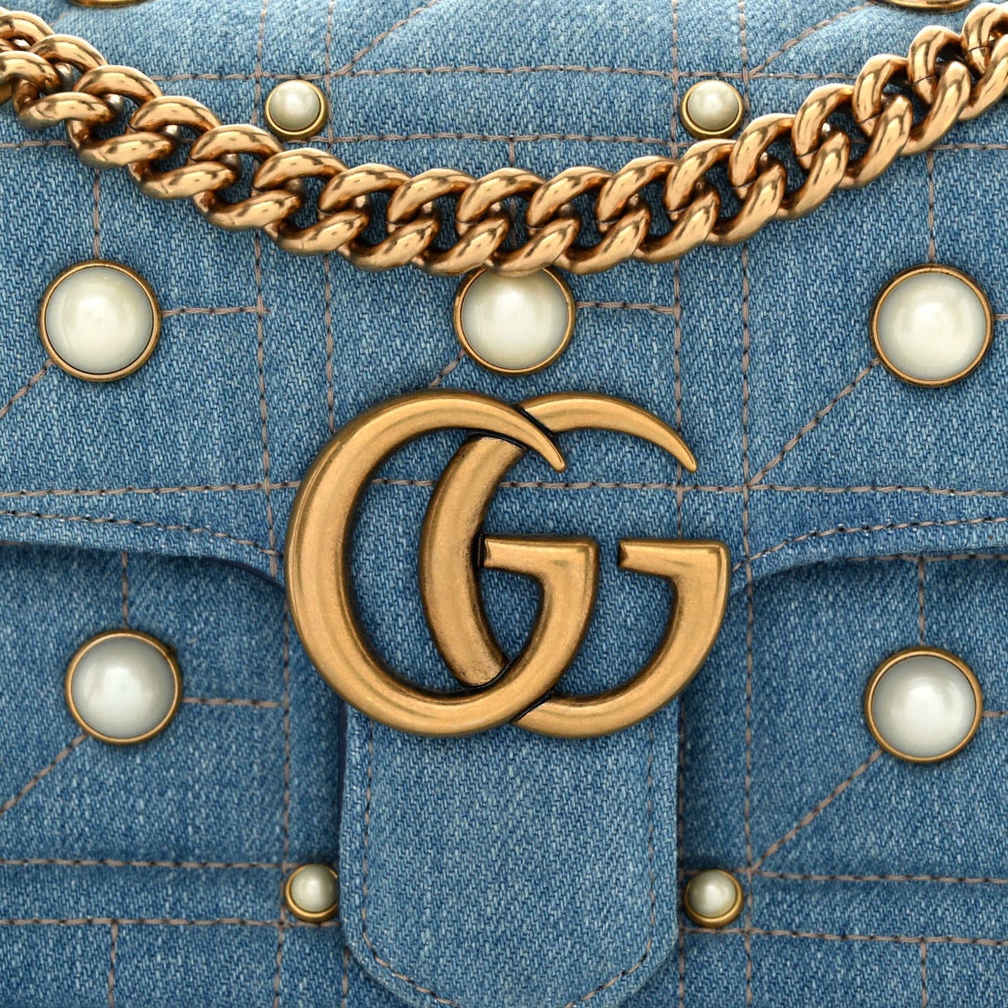 Denim Matelasse Pearl Studded Mini GG Marmont Shoulder Bag Blue
