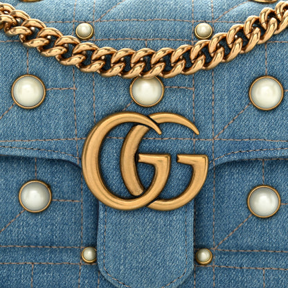 Gucci Denim Matelasse Pearl Studded Mini GG Marmont Shoulder Bag Blue 8 of 10