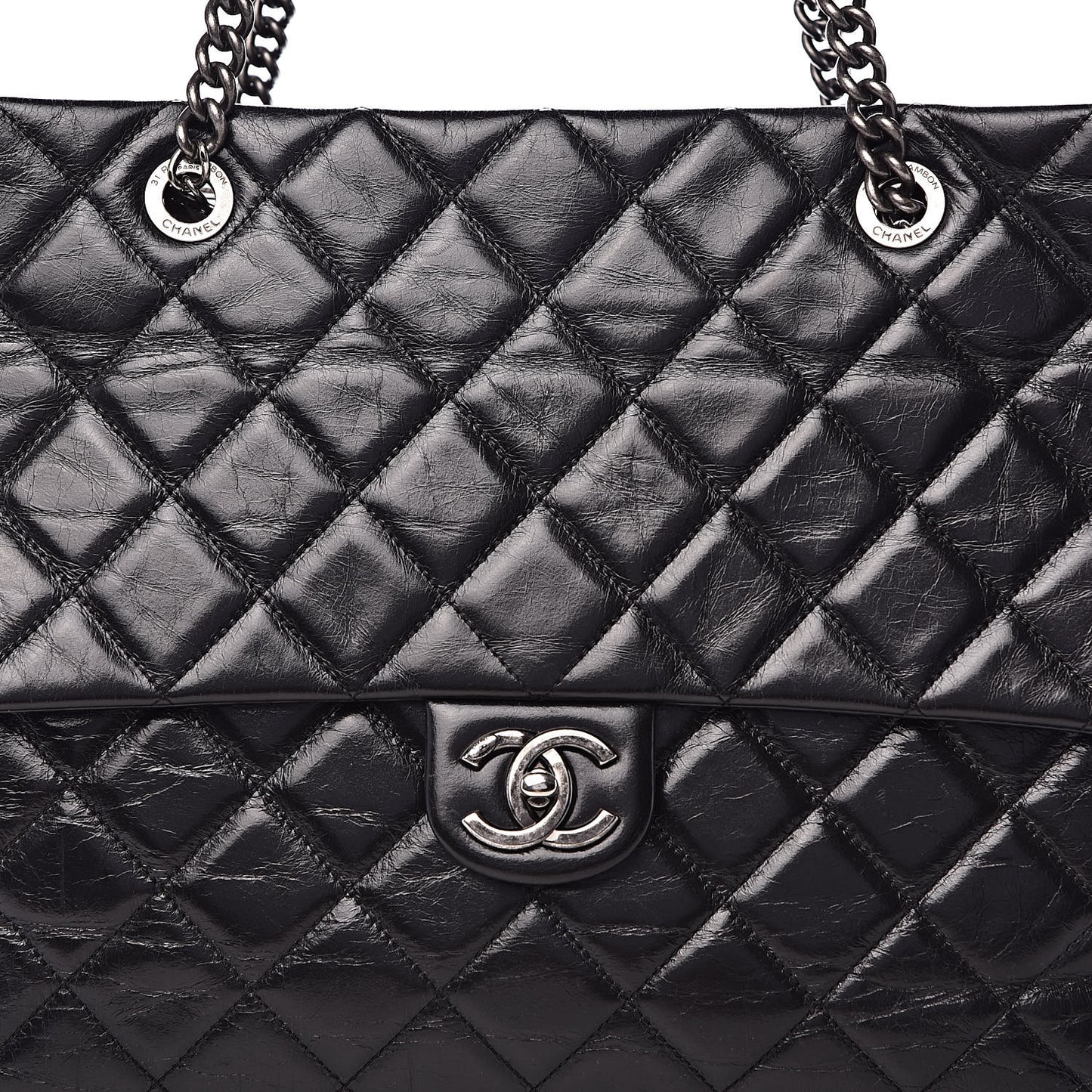 Glazed Calfskin Quilted Large Duo Color Tote Black