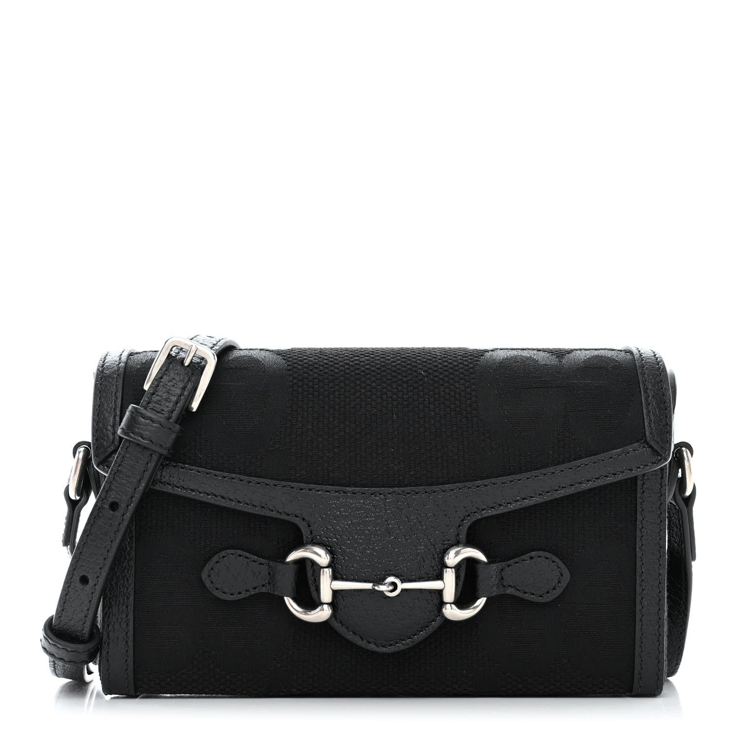 Gucci Monogram Jumbo GG Textured Dollar Calfskin Mini Horsebit 1955 Shoulder Bag Black 1 of 10
