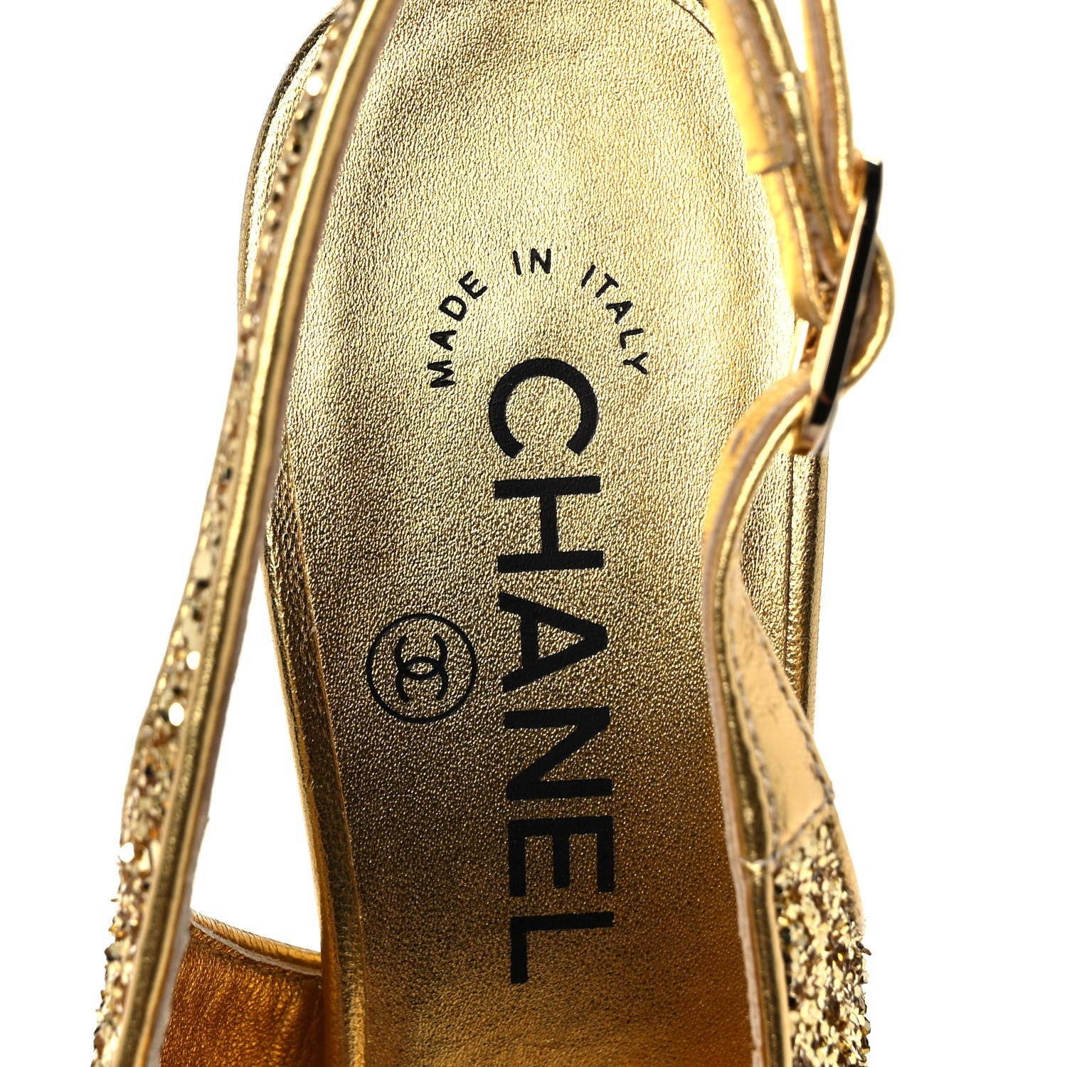 Chanel Glitter Grosgrain Cap Toe CC Slingback Pumps 38 Gold Black 7 of 9