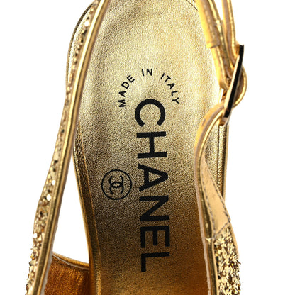 Chanel Glitter Grosgrain Cap Toe CC Slingback Pumps 38 Gold Black 7 of 9