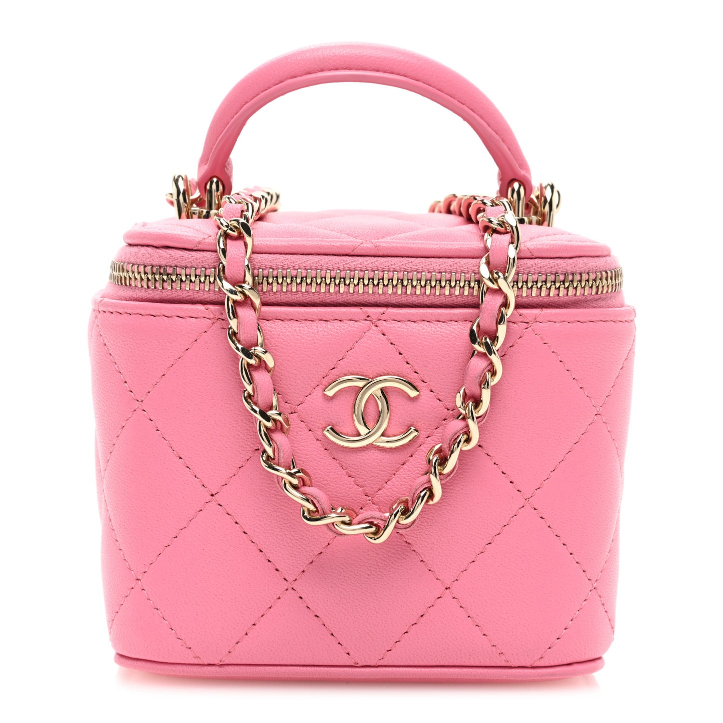 Lambskin Quilted Top Handle Mini Vanity Case With Chain Pink