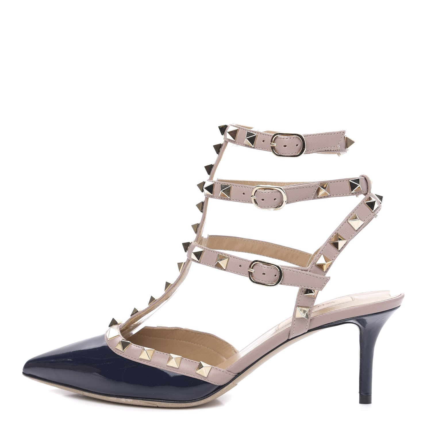 Valentino Garavani Patent Rockstud Ankle Strap Low Heel Pumps 37.5 Navy Poudre 1 of 8