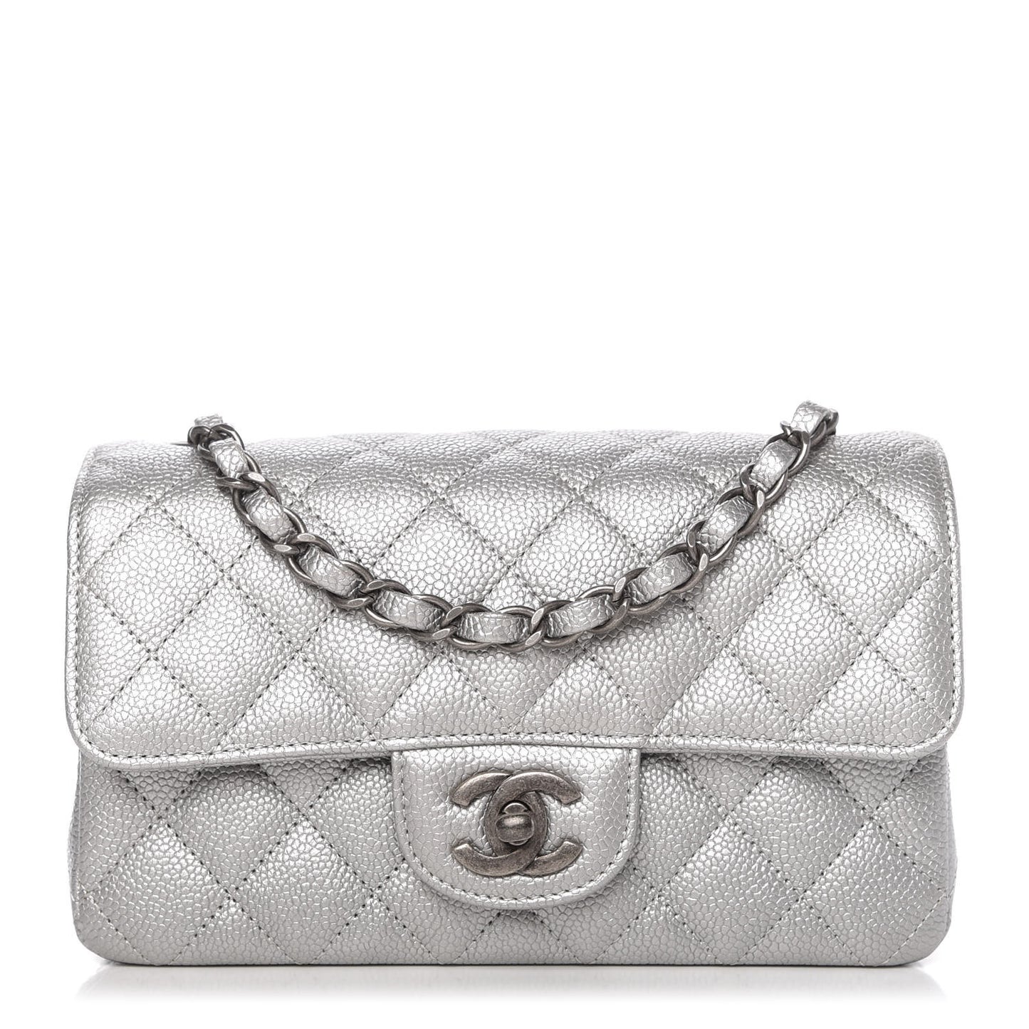 Metallic Caviar Quilted Mini Rectangular Flap Silver