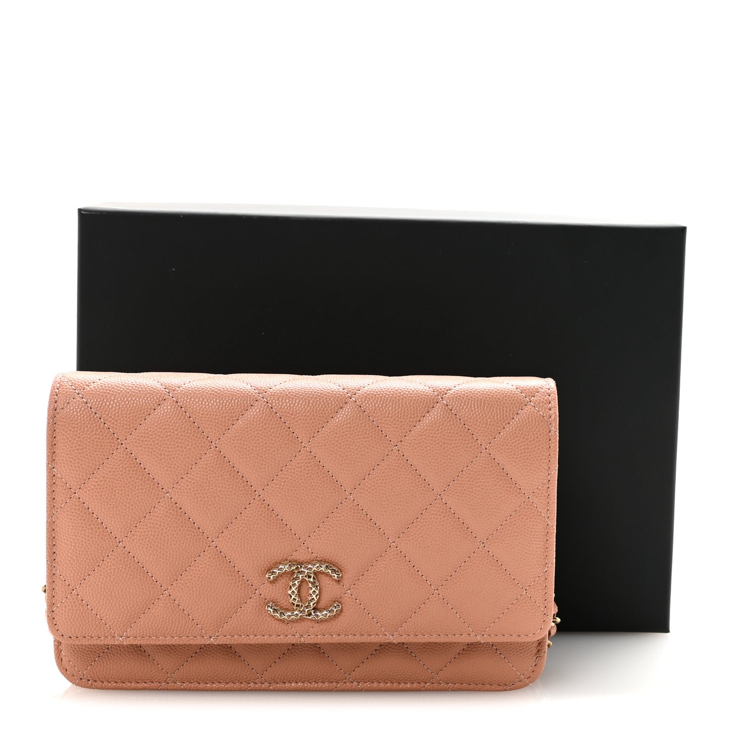Caviar Quilted Perforated Metal CC Wallet On Chain WOC Beige