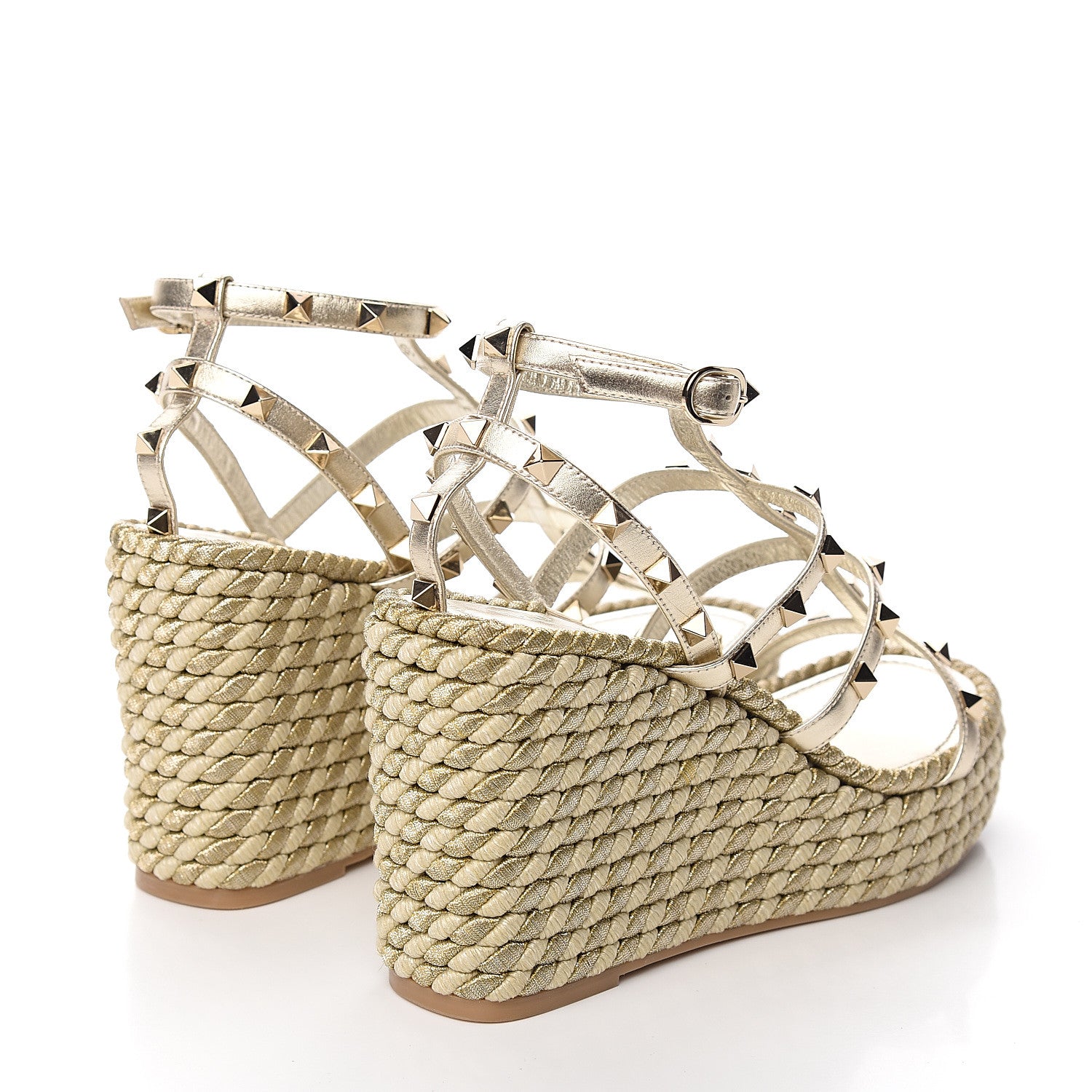Valentino Garavani Metallic Nappa Rockstud Ankle Strap Torchon Espadrille Caged 25/95mm Wedge Sandals 39 Platino 4 of 8
