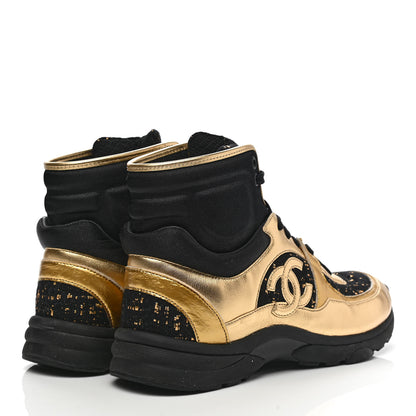 Chanel Satin Lambskin Fabric Tweed CC High Top Sneakers 39.5 Black Gold 4 of 9