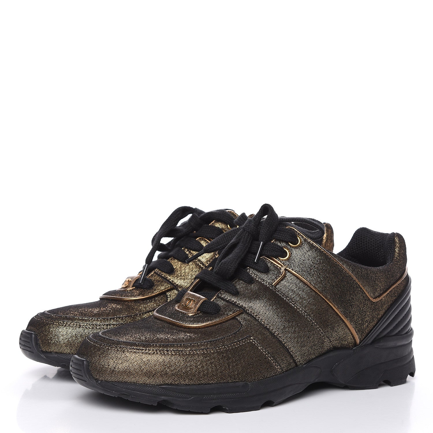Chanel Metallic Fabric Calfskin Womens CC Sneakers 39 Golden Brown 3 of 7