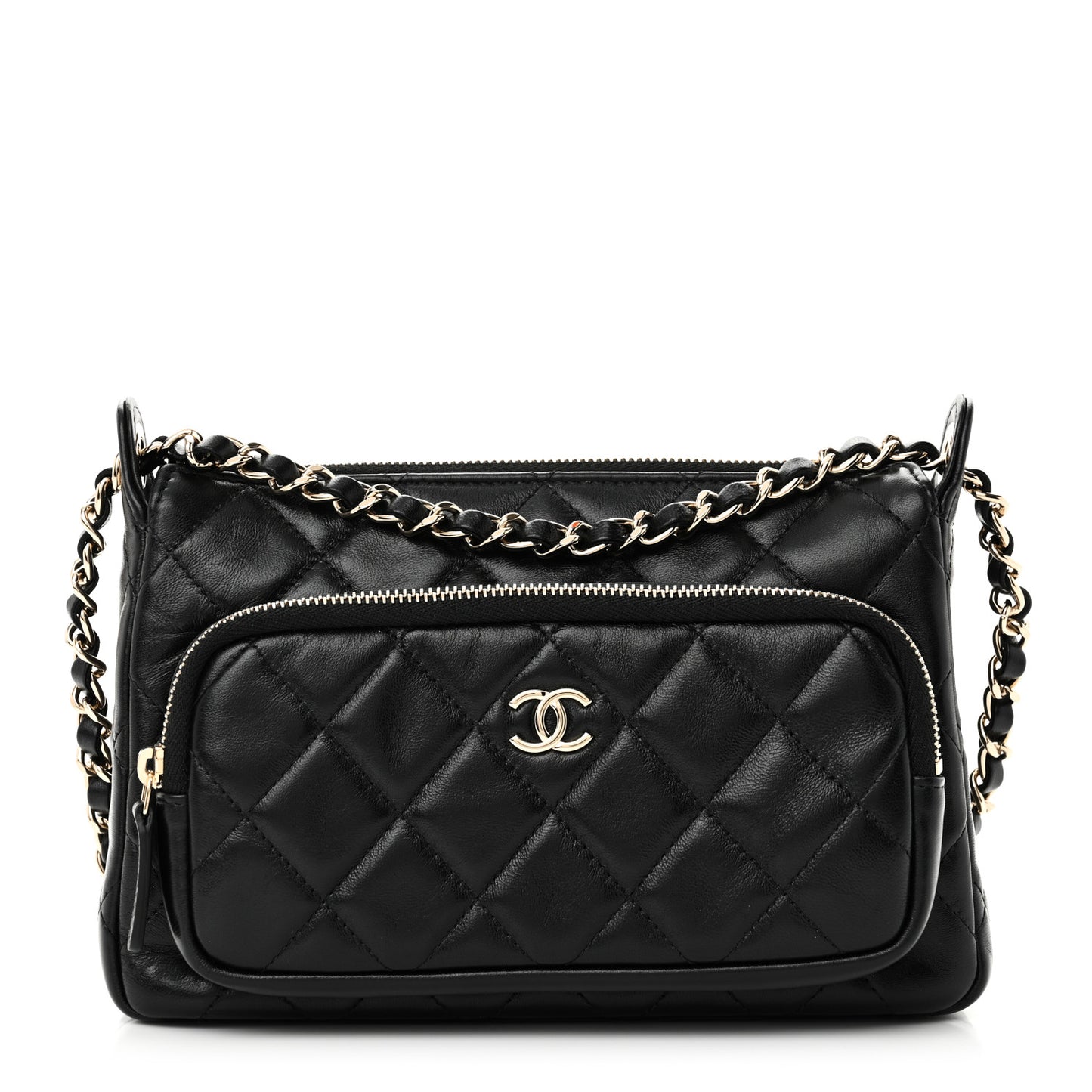 Shiny Crumpled Lambskin Quilted Small Preppy Pocket Clutch With Chain Black