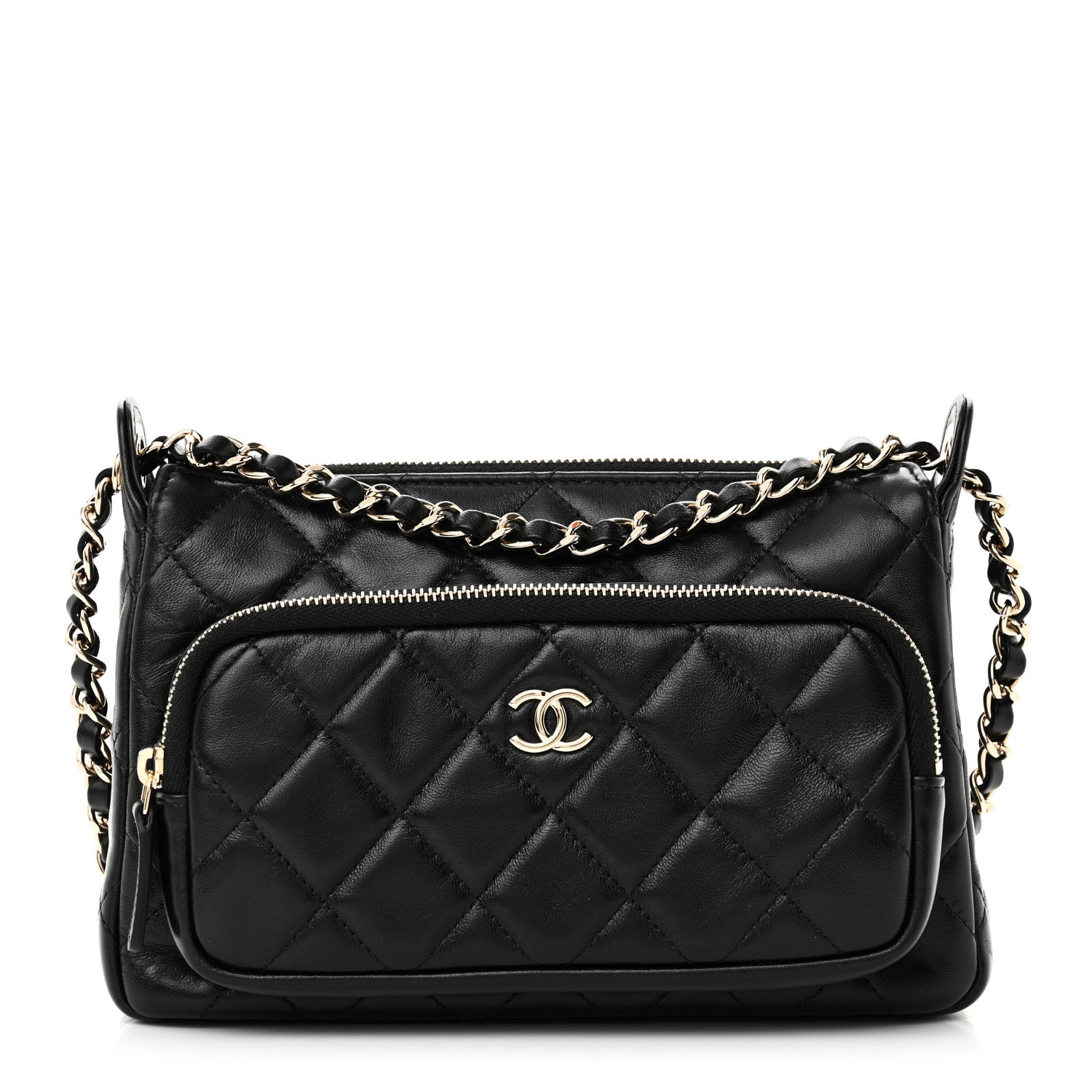 Chanel Shiny Crumpled Lambskin Quilted Small Preppy Pocket Clutch With Chain Black 1 of 10