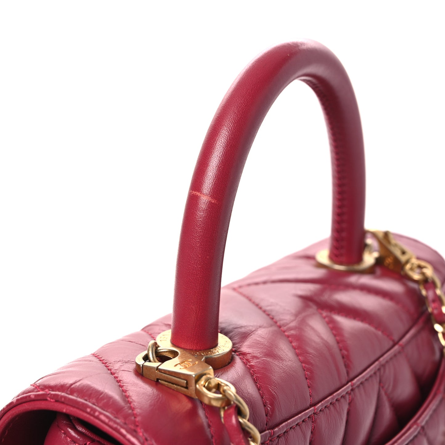 Aged Calfskin Chevron Quilted Mini Coco Handle Flap Dark Pink