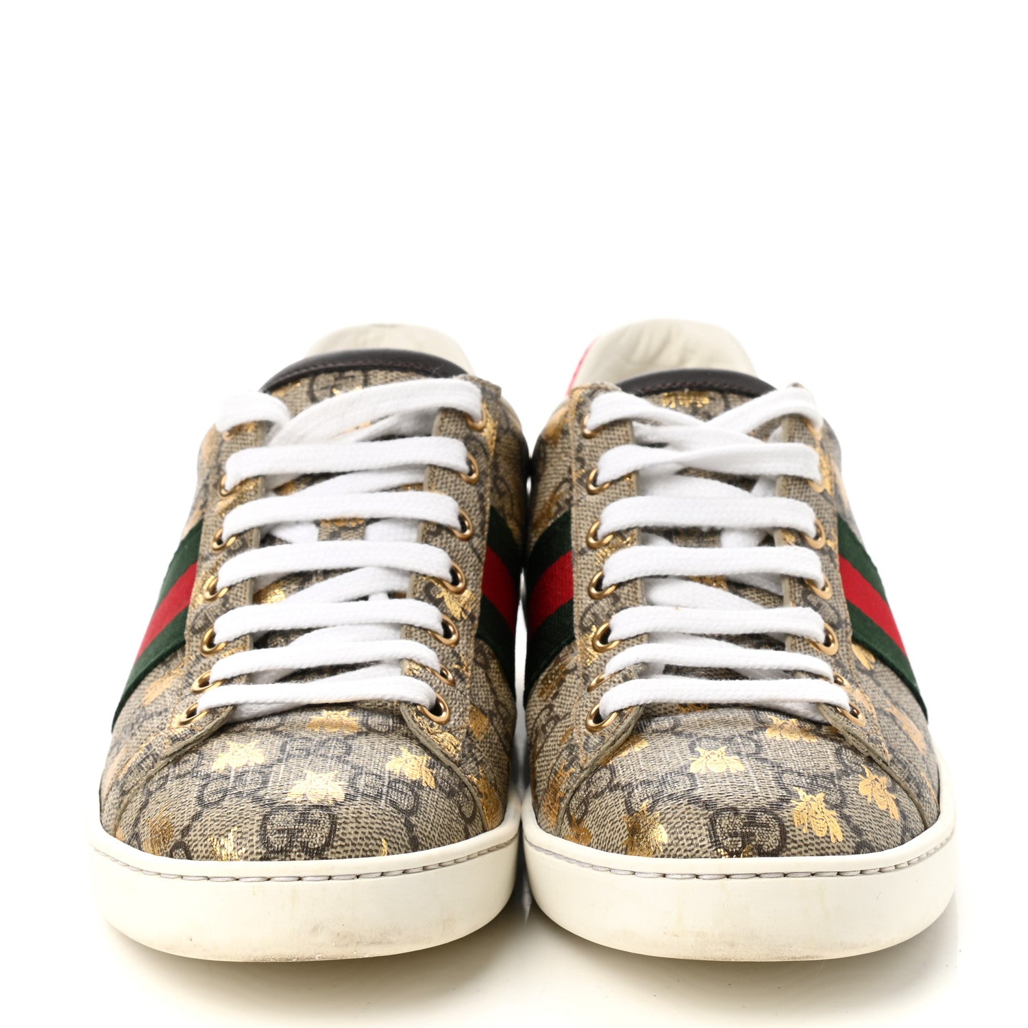 Gucci GG Supreme Monogram Bees Ayers Web Womens Ace Sneakers 37 Beige Oro Green Red 2 of 10