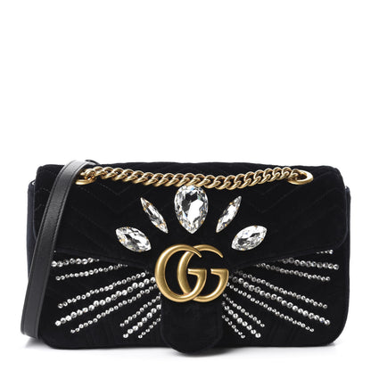 Gucci Velvet Matelasse Marquise Crystals Embroidered Small GG Marmont Shoulder Bag Black 1 of 10