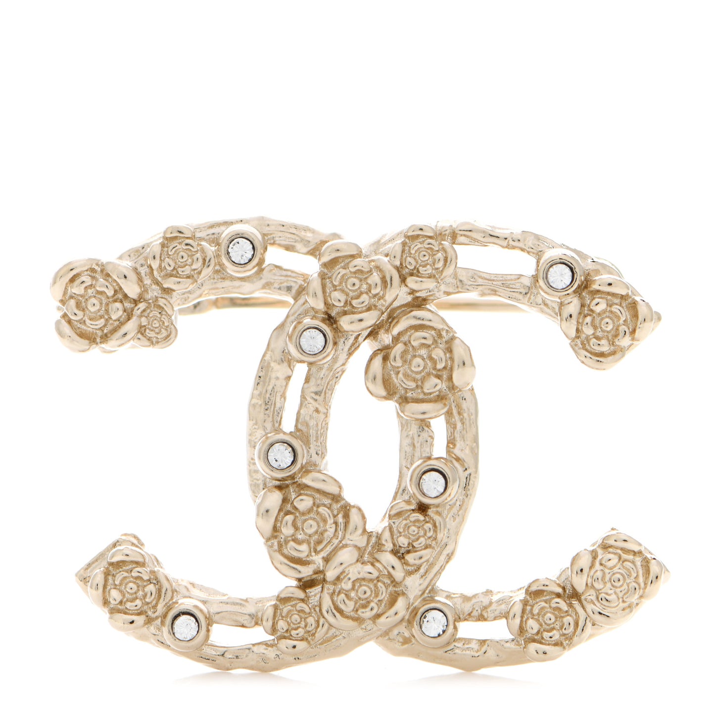 Metal Crystal Camelia CC Brooch Gold