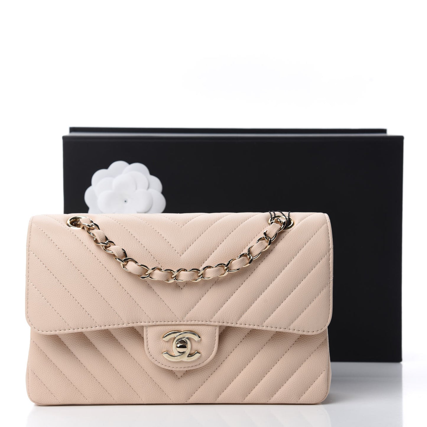 Caviar Chevron Quilted Small Double Flap Beige