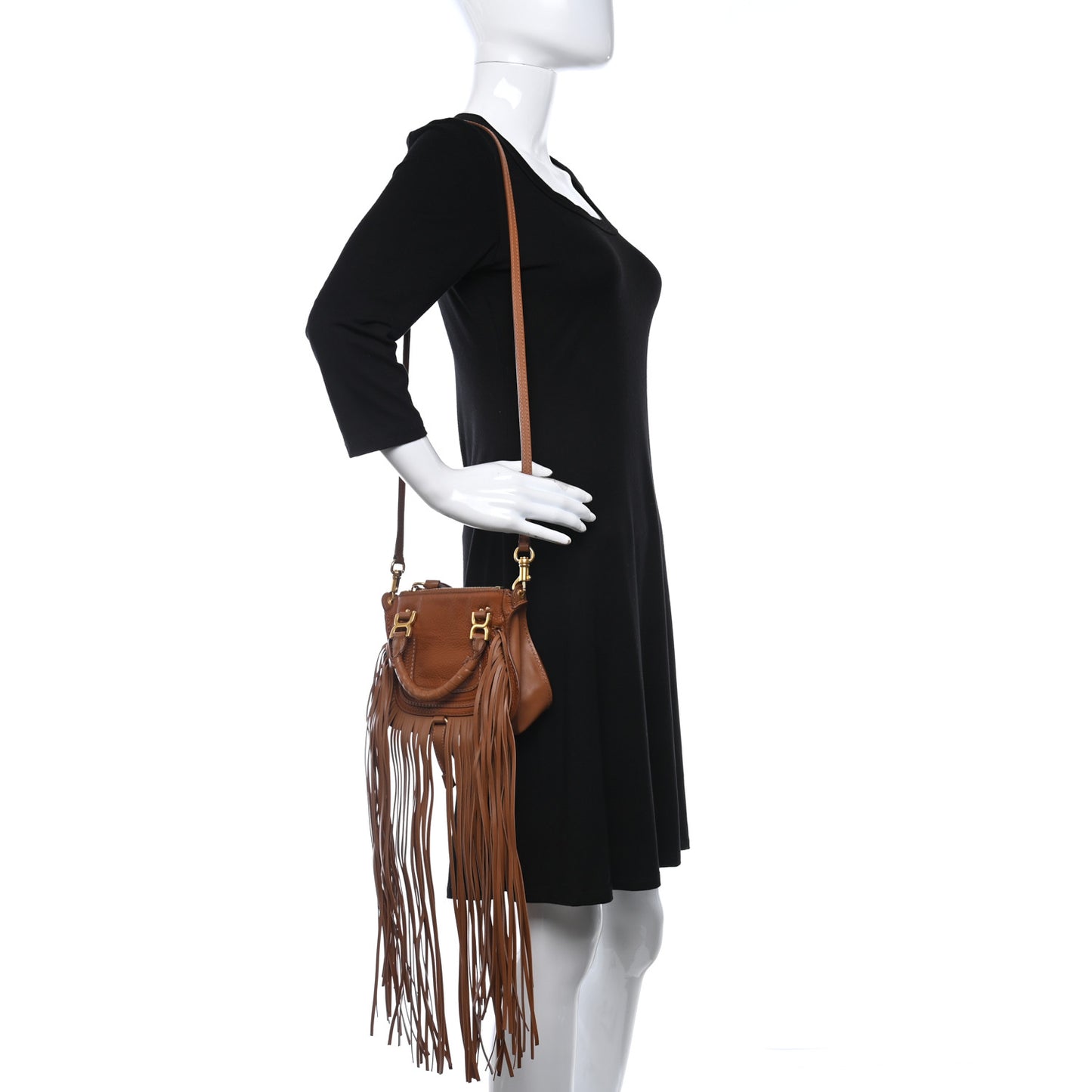 Shiny Small Grain Calfskin Mini Marcie Multi Fringe Satchel Tan