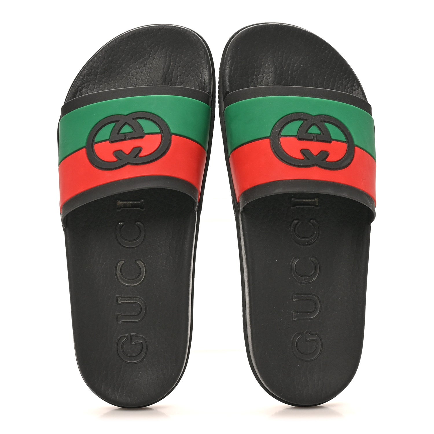 Gucci Rubber Web Womens Interlocking G Slide Sandals 39 Black Green Red 2 of 8
