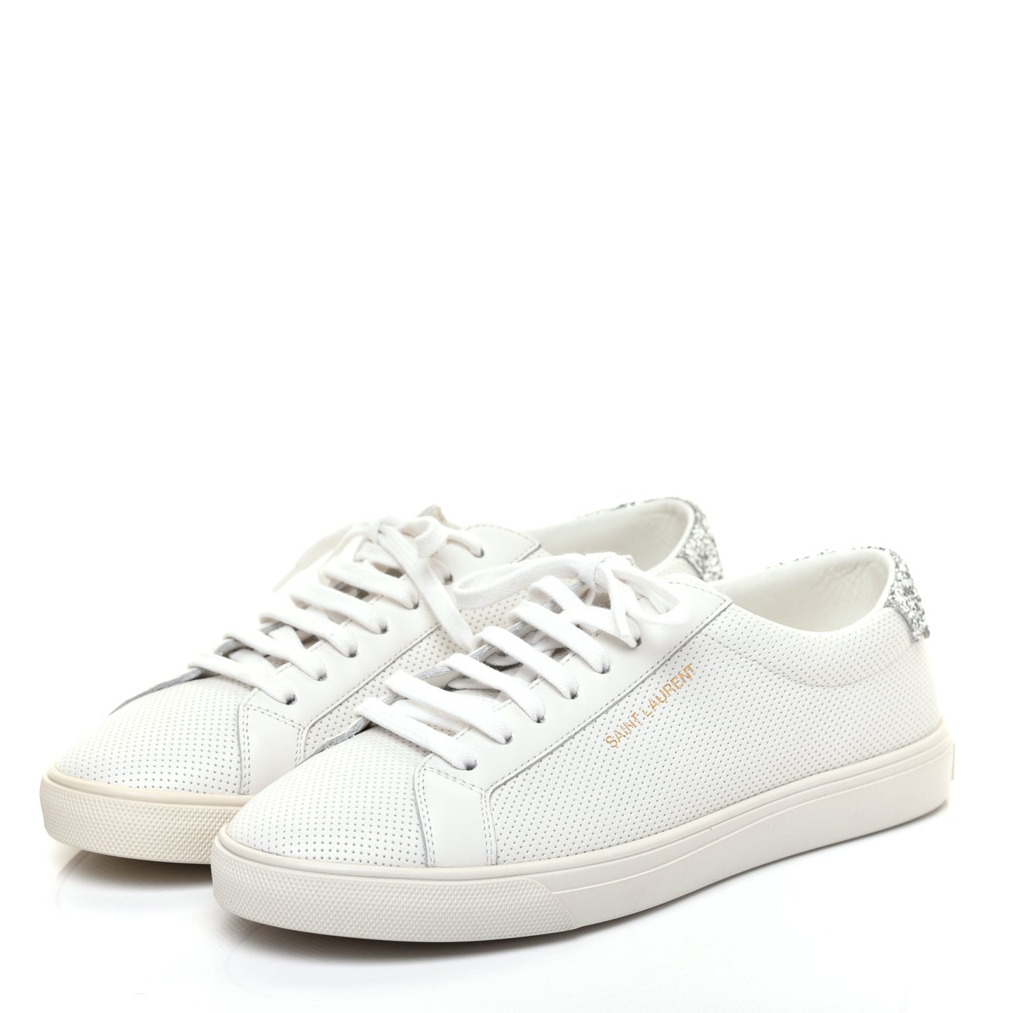 Perforated Calfskin Glitter Andy Low Top Sneakers 38.5 White Silver