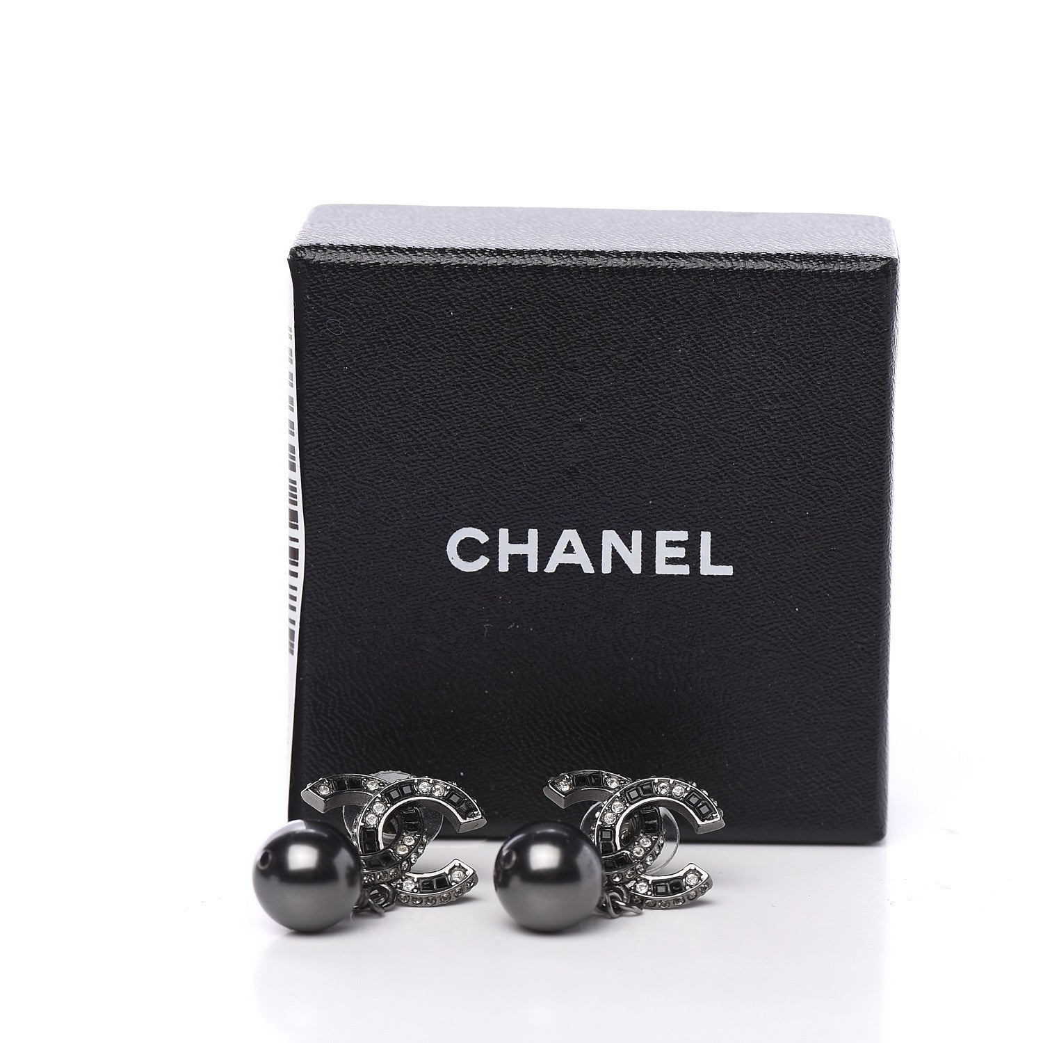 Chanel Baguette Crystal Pearl CC Drop Earrings Silver Black 5 of 5