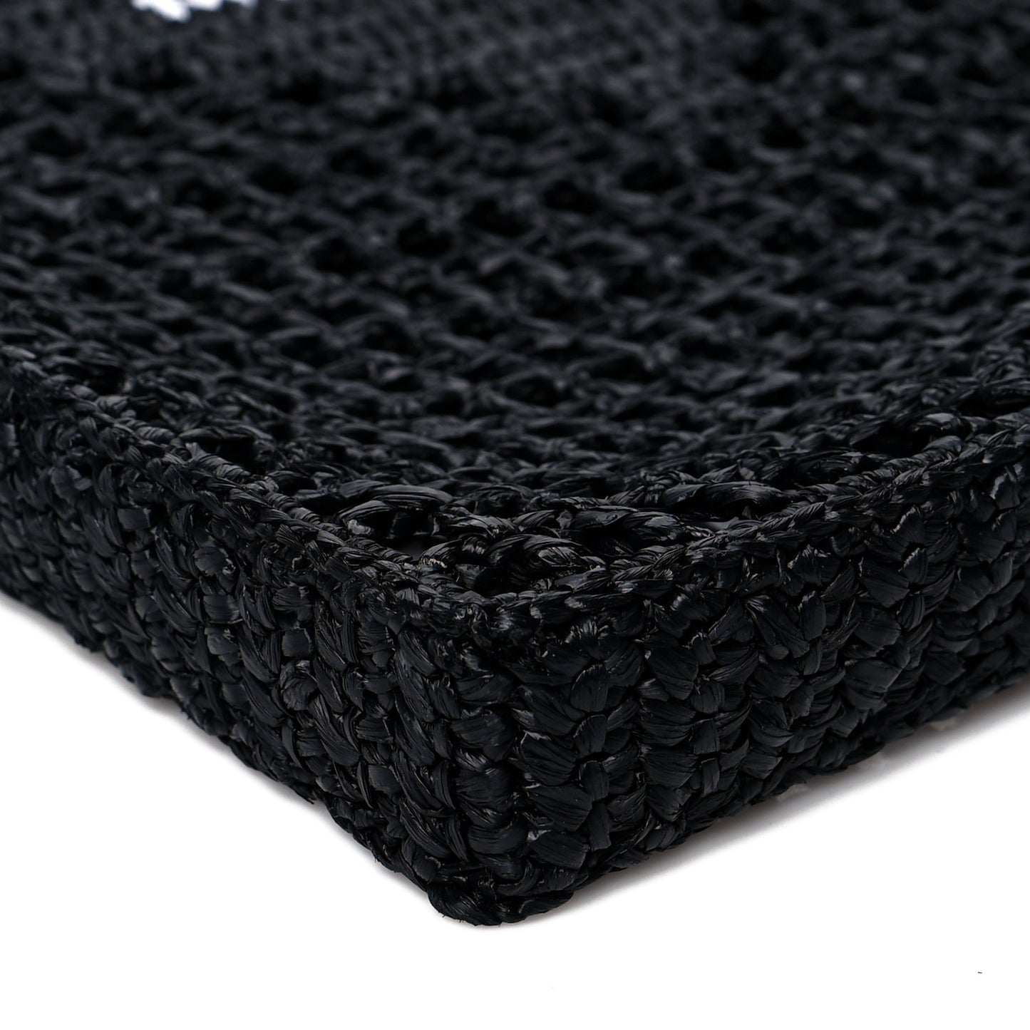 Yarn Raffia Effect Crochet Logo Embroidered Tote Bag Black