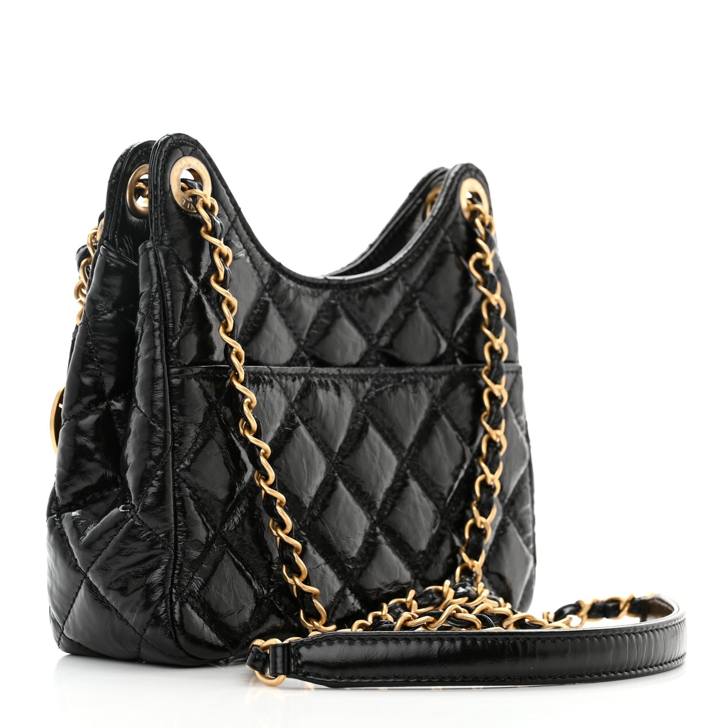 Shiny Crumpled Calfskin Quilted Small Wavy CC Hobo Black