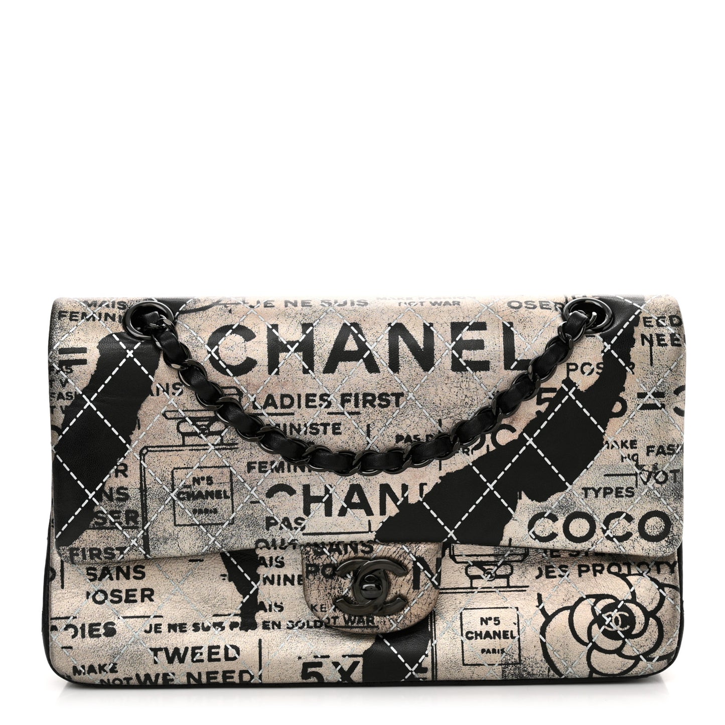 Metallic Lambskin Painted Feministe Newsprint Medium Double Flap So Black