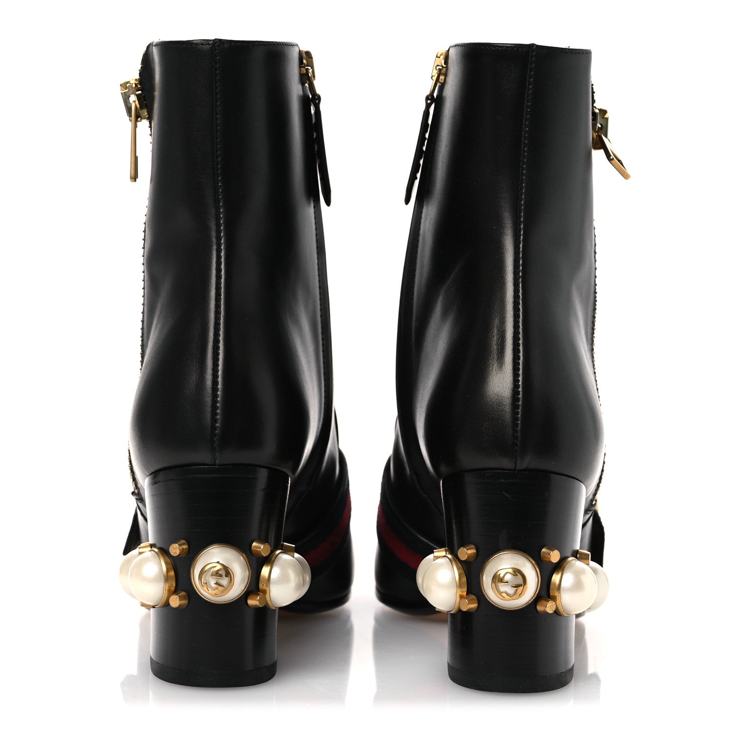 Gucci Betis Glamour Calfskin Web Pearl Embellished Peyton 75mm Ankle Boots 37 Black 6 of 12