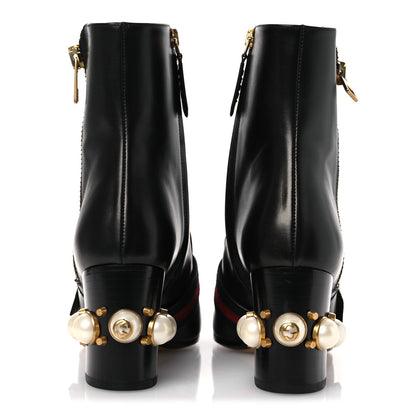 Gucci Betis Glamour Calfskin Web Pearl Embellished Peyton 75mm Ankle Boots 37 Black 6 of 12